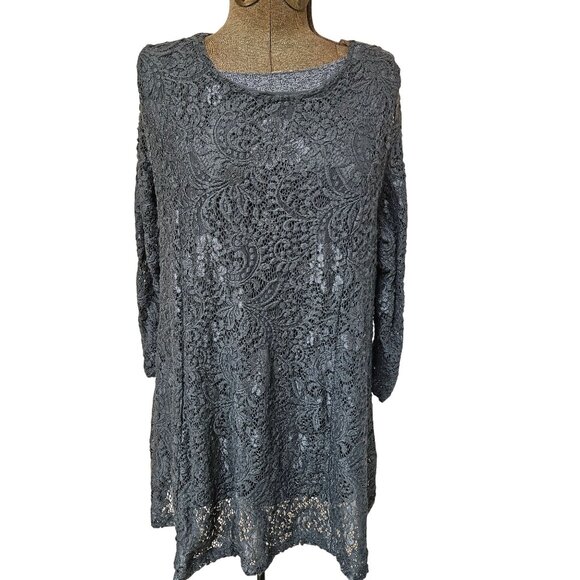 Joan Rivers Tunic Top Womens Size Large Gray Lace Overlay Lined Pullover Blouse - Picture 1 of 9